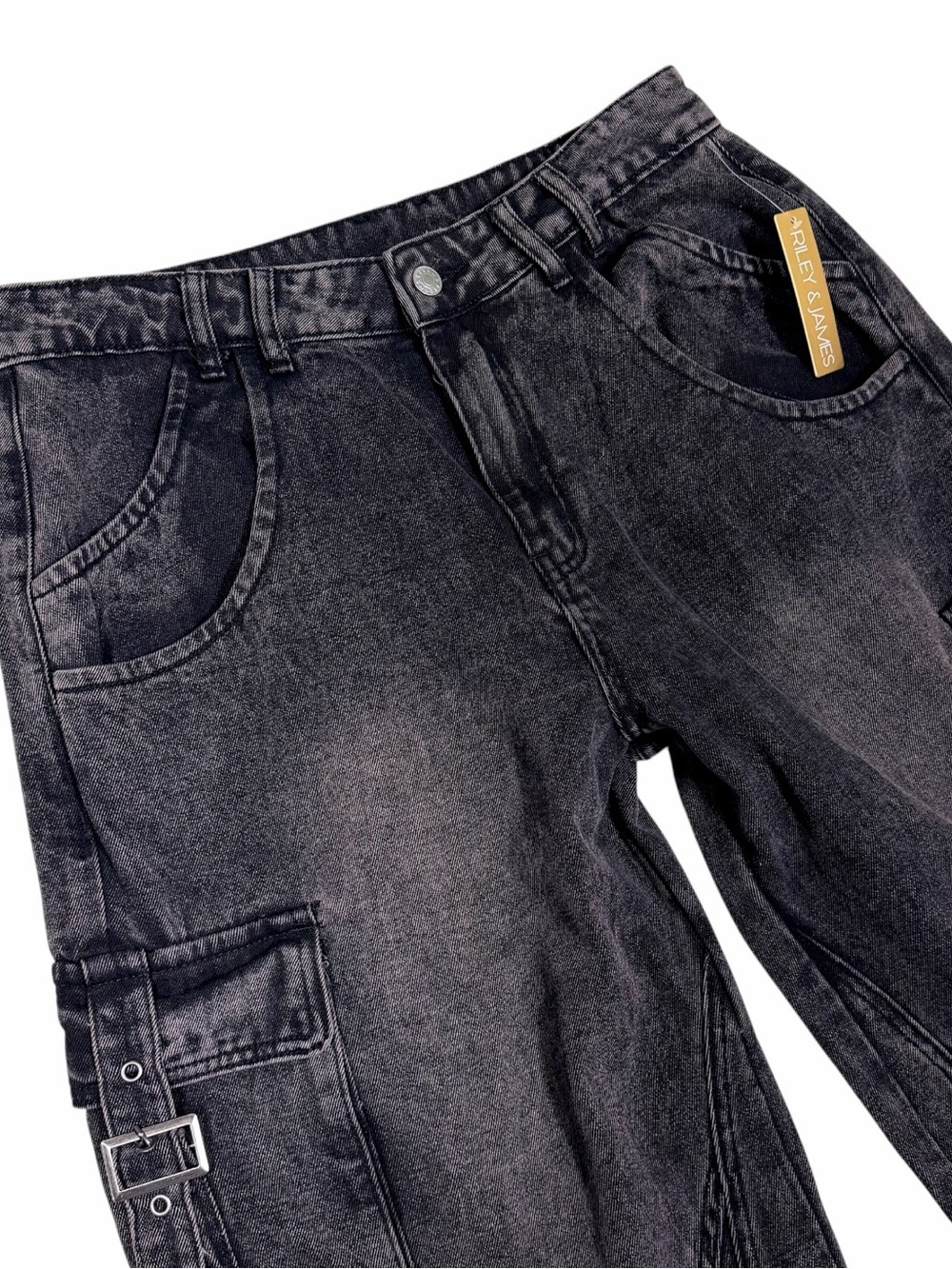 NWT Y2K Black Wide Leg Cargo Jeans Utility Streetwear Riley & James - Picture 8 of 13